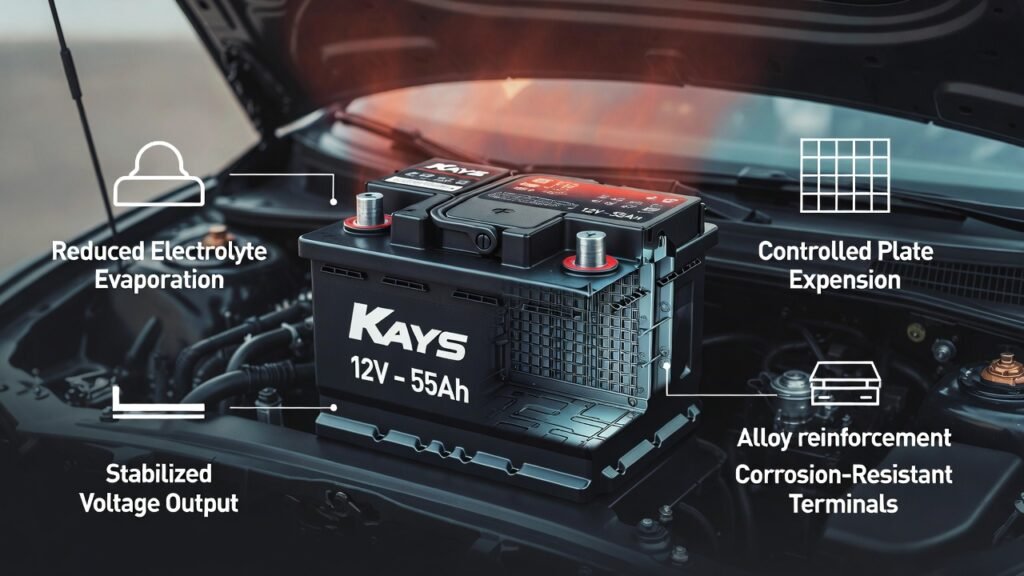 Heat Adaptation Profile of Kays 12V β 55Ah Car Battery (Dubai 2026) Kays 12V β 55Ah heat-resistant car battery with sealed casing, stabilized voltage output, and corrosion-resistant terminals for Dubai climate