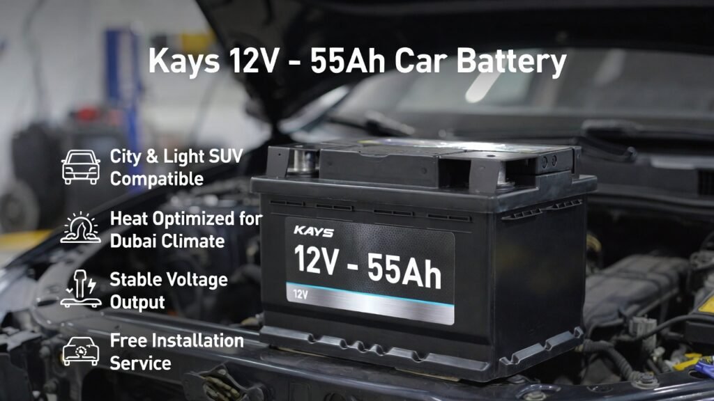 Kays 12V β 55Ah Car Battery for City Cars & Light SUVs (2026) Kays 12V β 55Ah car battery for city cars and light SUVs with heat-resistant design and stable voltage performance in Dubai 2026