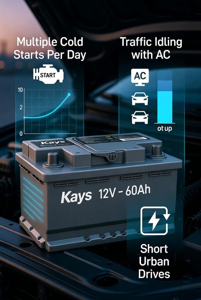 Kays 12V – 60Ah car battery power reserve behavior showing stable voltage, fast recovery charging, and reduced deep discharge risk