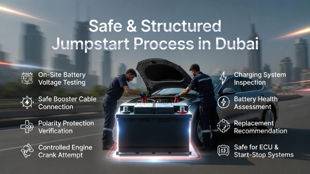 Professional technician performing safe car battery jumpstart in Dubai with structured process steps displayed on both sides in infographic style.