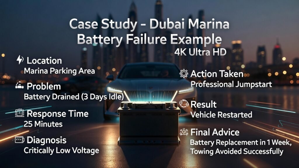 Dubai Marina car battery failure case study showing jumpstart response time, diagnosis, and successful vehicle restart in infographic format.
