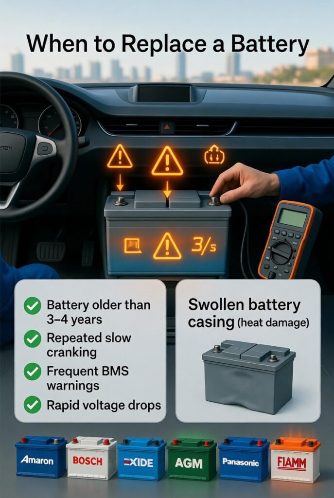 “Animated user guide showing a modern car in Dubai under heat, highlighting battery replacement indicators such as slow cranking, BMS warnings, rapid voltage drops, and swollen battery, with branded batteries like Amaron, Bosch, and Exide.”