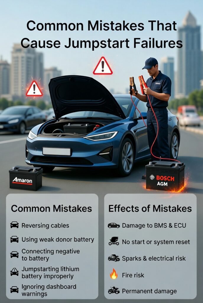 “Animated user guide showing a modern car jumpstart with common mistakes highlighted, including reversed cables, weak donor battery, incorrect negative clamp, and lithium battery errors, with branded batteries like Amaron and Bosch nearby.”