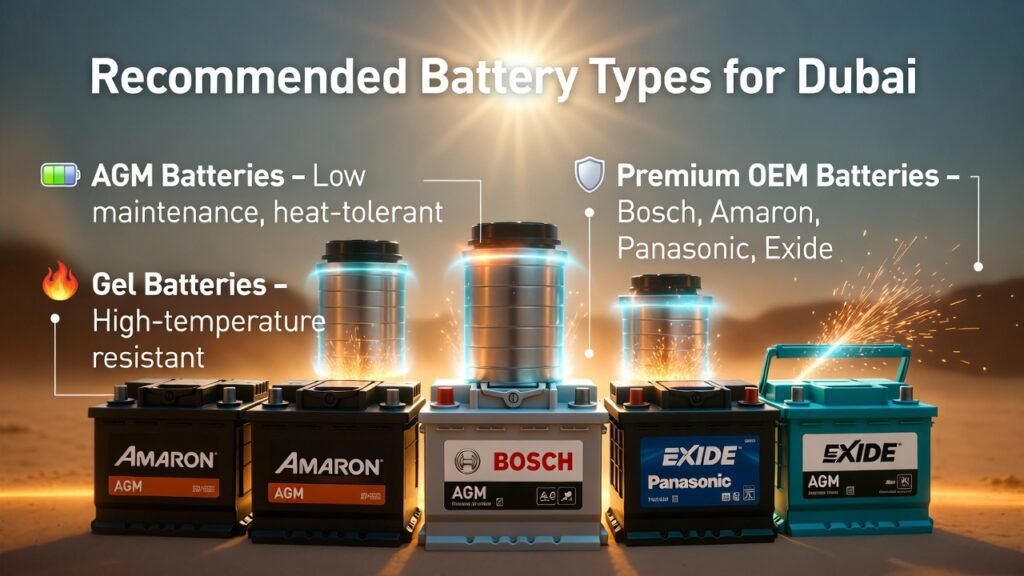 Recommended Battery Types for Dubai – User Guide Visual Feature image showing a lineup of premium car batteries (Amaron, Bosch, Panasonic, Exide, AGM) with animated spark and glow effects, title "Recommended Battery Types for Dubai" at the top, and key bullet points on the sides describing AGM, Gel, and OEM battery types.