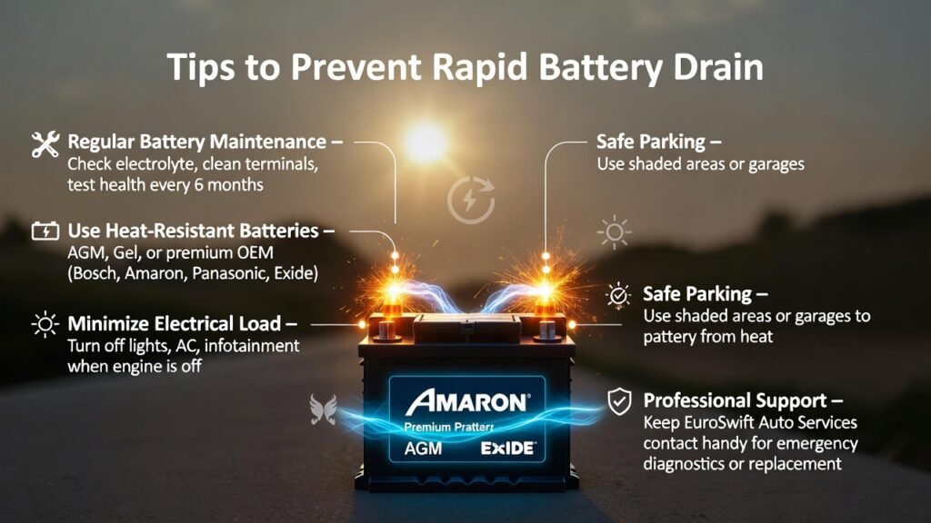 Feature image showing a premium car battery with glowing terminals and animated spark effects, title "Tips to Prevent Rapid Battery Drain" at the top, and five key preventive tips displayed on the sides: regular maintenance, heat-resistant batteries, minimize electrical load, safe parking, professional support.