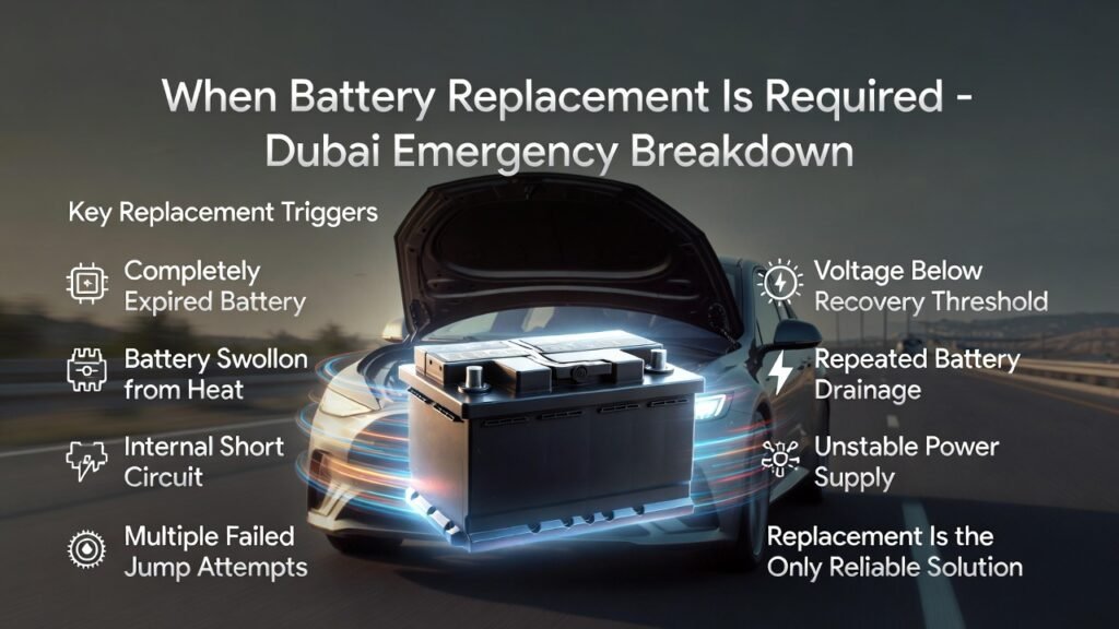 Premium car battery image with emergency replacement warning signs displayed on both sides in a clean infographic layout for Dubai roadside breakdown situations.