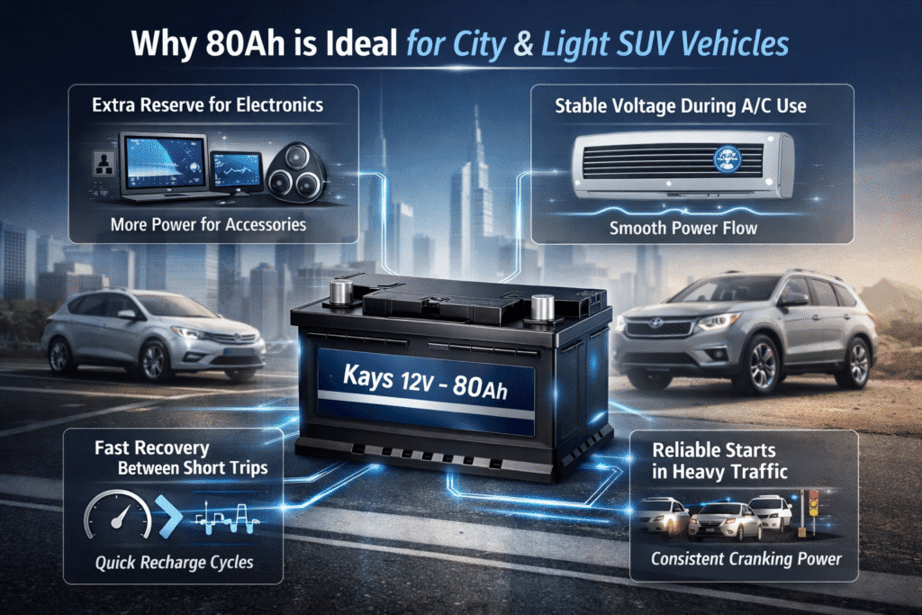 Why 80Ah Is Ideal for City Cars & Light SUVs | Kays 12V β 80Ah Battery Guide 2026 Kays 12V β 80Ah car battery infographic showing why 80Ah capacity is ideal for city cars and light SUVs, highlighting reserve power, voltage stability, fast recovery, and reliable starts in urban traffic.