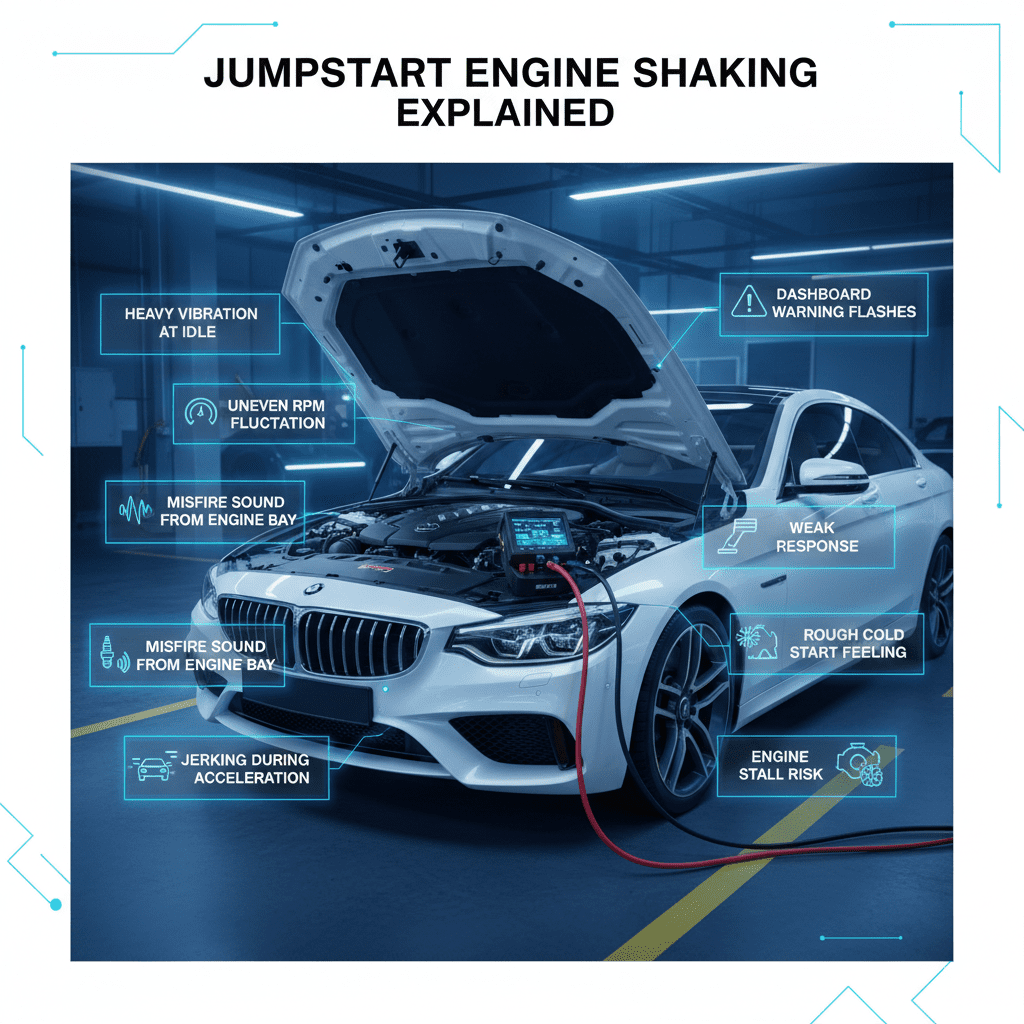 Infographic showing a luxury vehicle experiencing engine shaking after jumpstart with key symptoms and warning points around the central illustration.