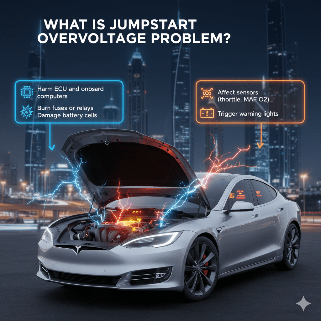 "What Is Jumpstart Overvoltage Problem Dubai?" "Animated infographic showing what jumpstart overvoltage problem in Dubai is, with central branded car, glowing battery, dashboard warning lights, and main effects displayed on sides."