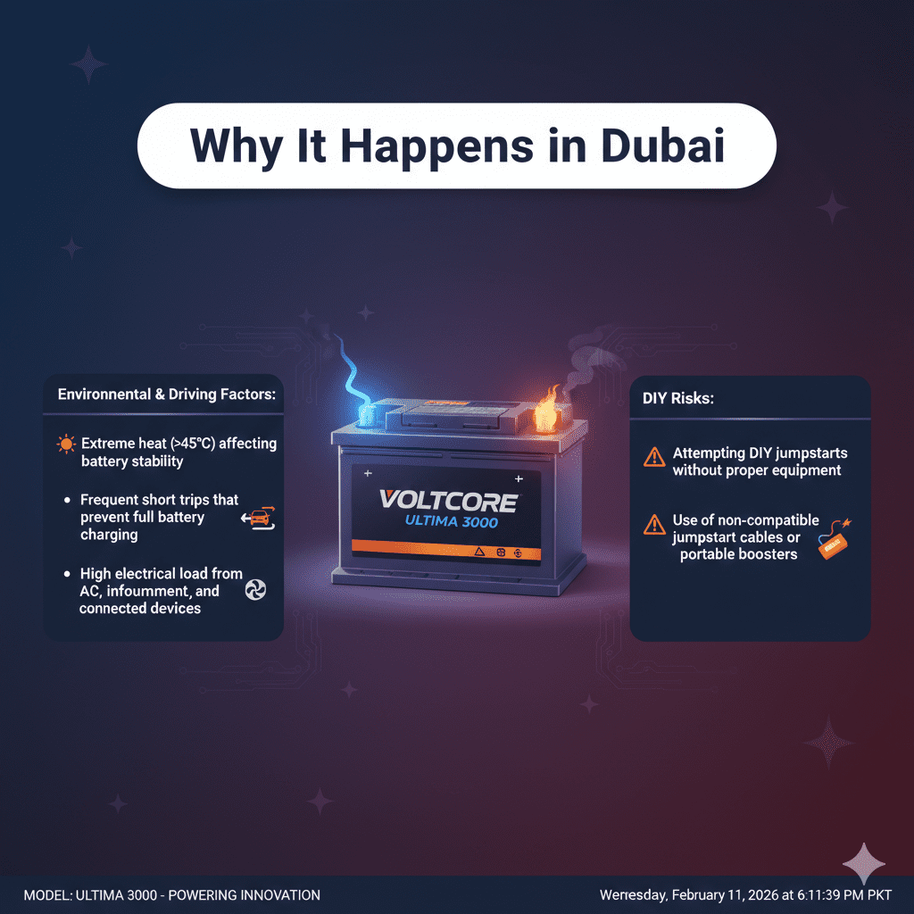“Professional user guide illustration showing why jumpstart risk occurs in modern cars in Dubai, with title at the top, key causes on sides, and an animated branded battery in the center.”