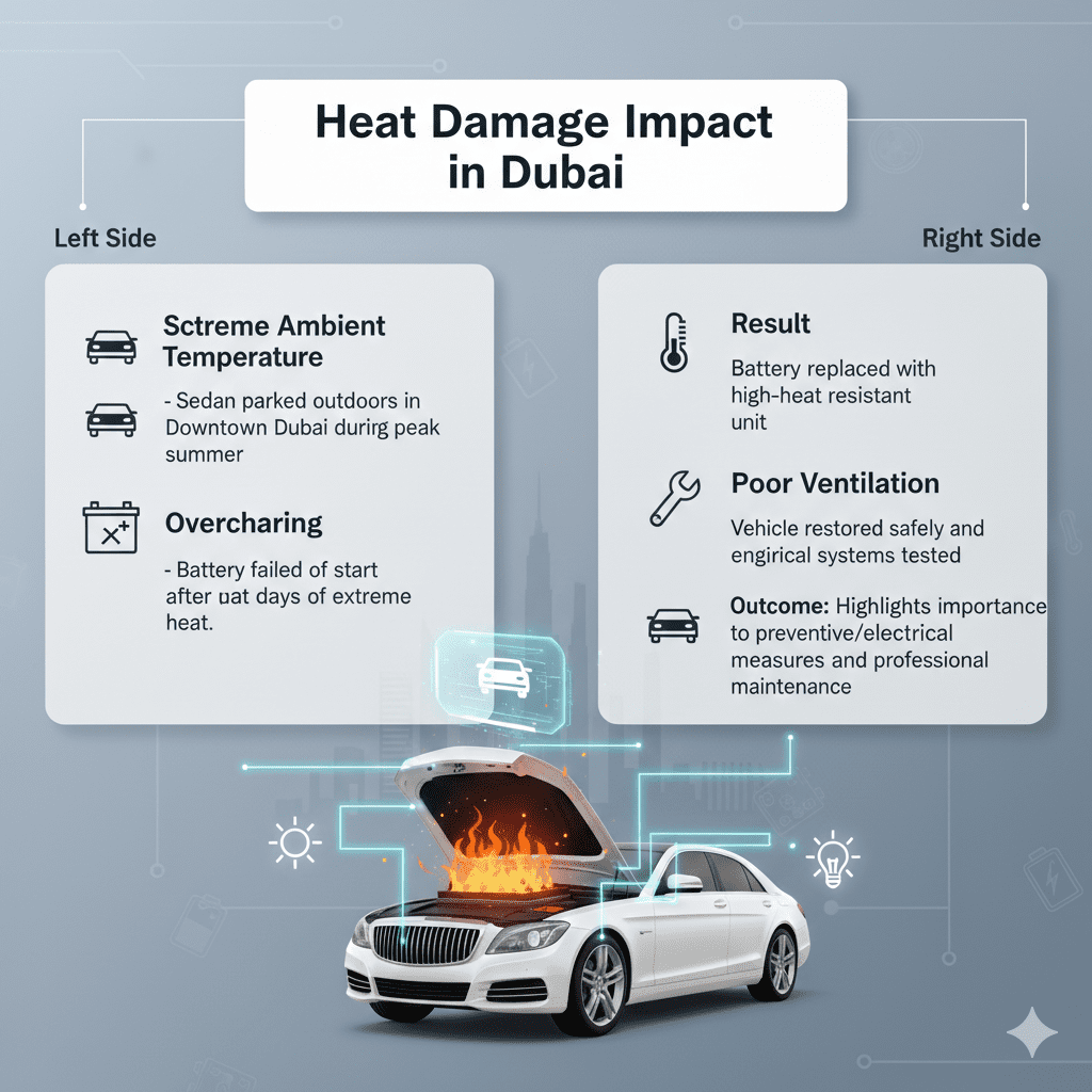 “User guide infographic showing main title ‘Heat Damage Impact in Dubai’ at top, key case study points on left and right sides, and a premium sedan image in the center with animated infographic style.”
