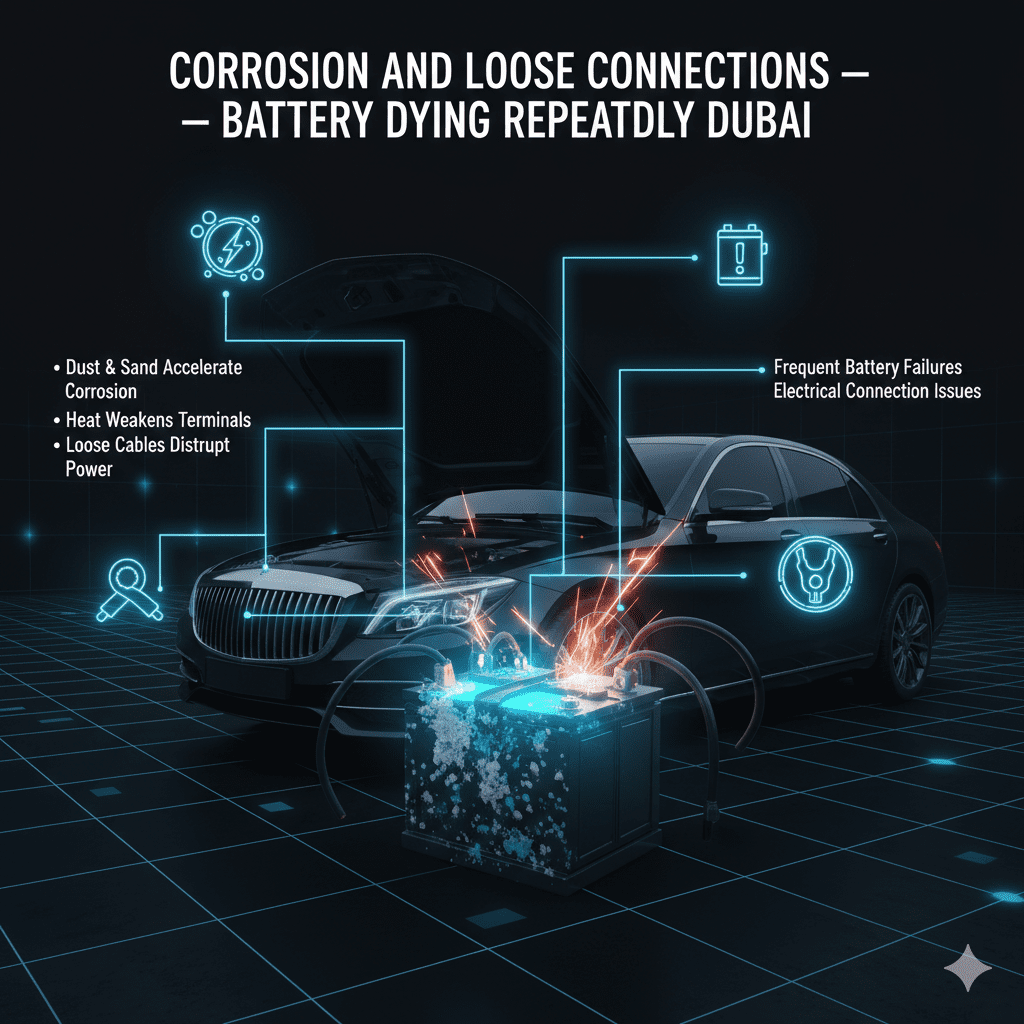 Dubai car battery infographic showing corrosion and loose cable issues leading to repeated failures