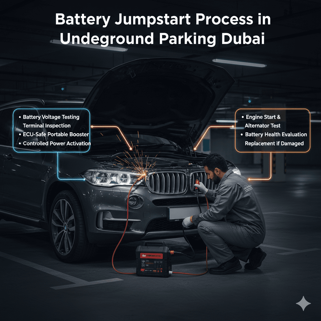 Professional technician performing ECU-safe battery jumpstart in underground parking with infographic-style steps displayed on sides including voltage testing, terminal inspection, controlled power, and engine start.