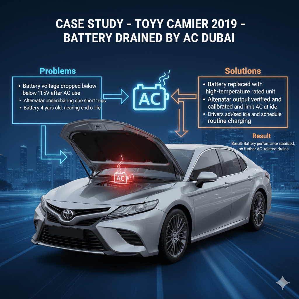 "Case Study – Toyota Camry 2019 – Battery Drained by AC Dubai" "Animated infographic showing case study of Toyota Camry 2019 with battery drained by AC in Dubai, central car with glowing battery and dashboard warning lights, key findings, solutions, and results displayed on sides."