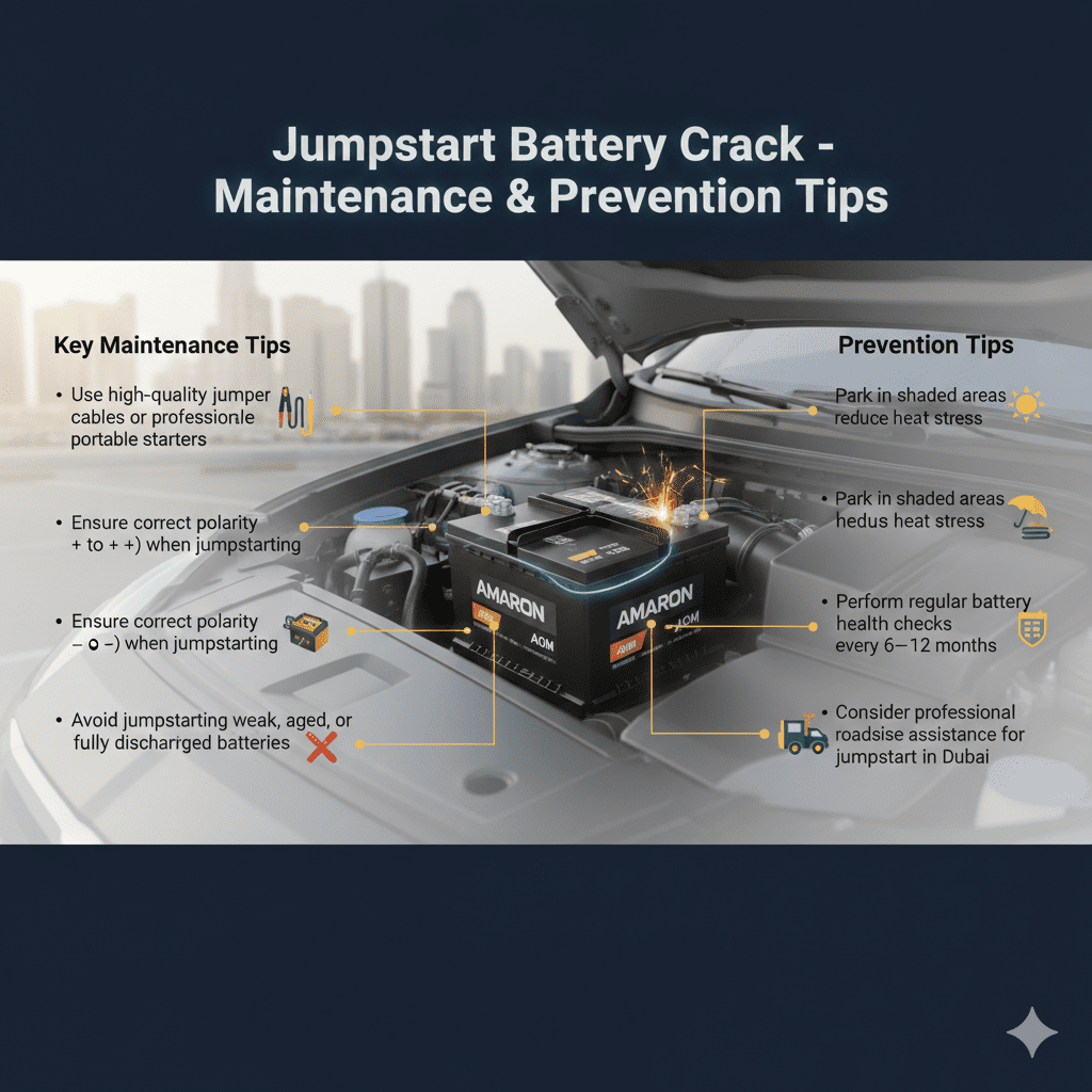 Infographic showing a branded car battery in a modern engine bay with healthy appearance, glowing terminals, jumper cables, shaded parking, and animated icons illustrating maintenance and prevention tips for jumpstart battery crack in Dubai.