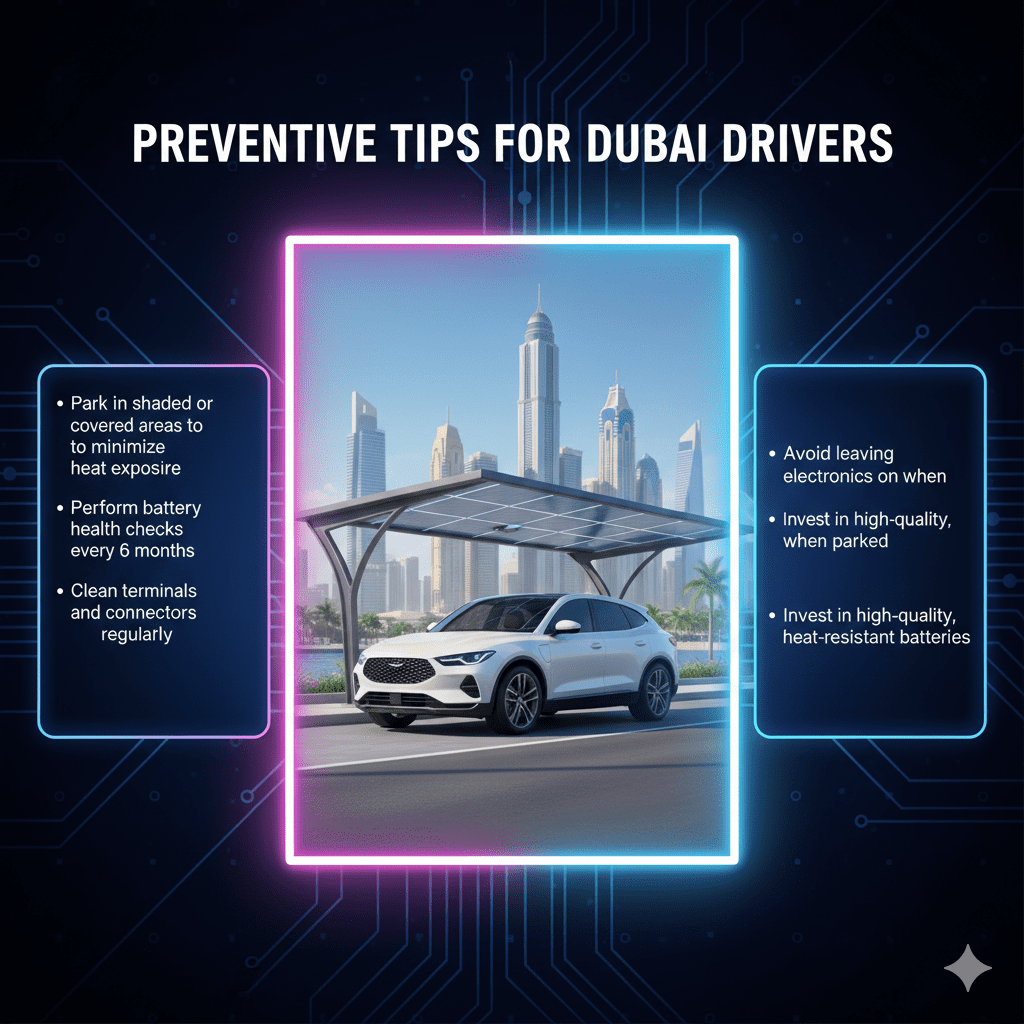 Animated-style user guide image showing the title "Preventive Tips for Dubai Drivers" at the top, a central animated car parked in shade, and key preventive tips displayed neatly on both sides.