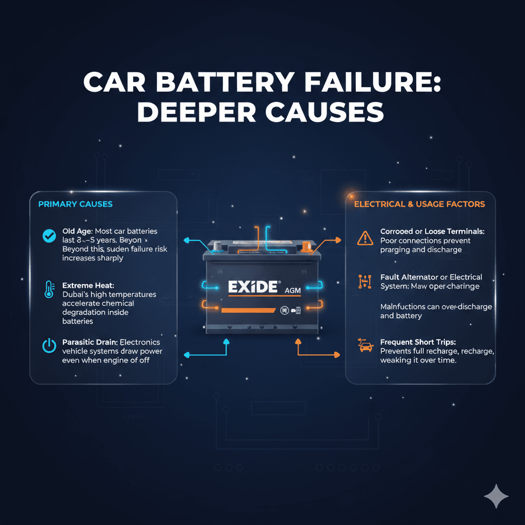 “Common Causes of Sudden Battery Failure – Dubai Guide” “Animated user guide image showing a top title, central car battery image, and bullet-pointed key causes of sudden battery failure in Dubai on both sides.”