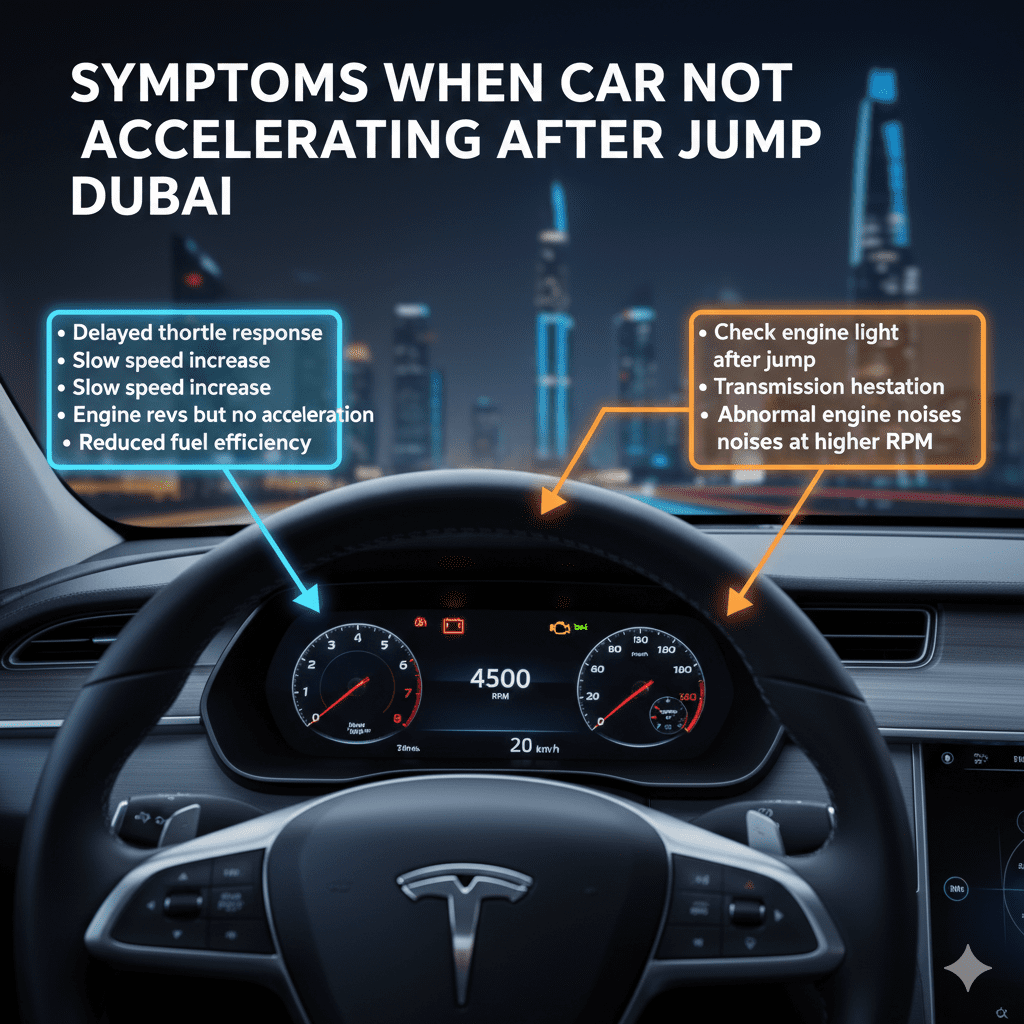 "Symptoms When Car Not Accelerating After Jump Dubai" "Animated infographic showing symptoms of car not accelerating after jump in Dubai with central car dashboard and bullet points on sides, title on top."