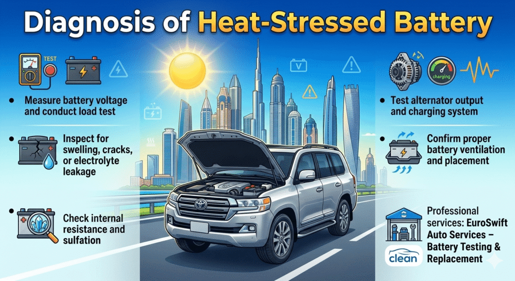 Diagnosis of Heat-Stressed Battery Animated-style user guide infographic showing a premium car with engine hood open in Dubai cityscape, title 'Diagnosis of Heat-Stressed Battery' at the top, with empty spaces on sides for bullet points listing battery diagnosis steps including voltage measurement, load test, inspection for swelling, internal resistance check, alternator test, ventilation confirmation, and EuroSwift Auto Services professional testing.