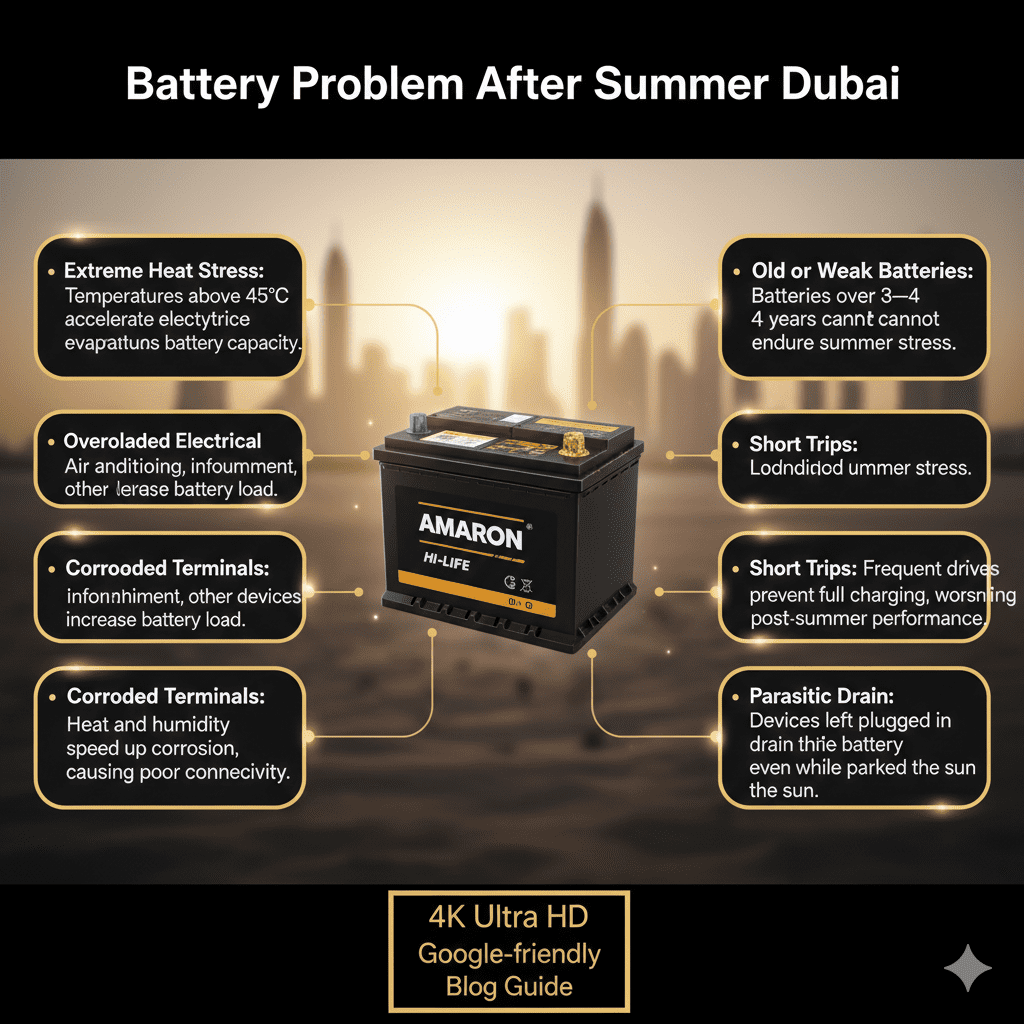 "User guide for battery problems after summer in Dubai showing a branded car battery with infographic-style points: extreme heat stress, overloaded electrical systems, corroded terminals, old or weak batteries, short trips, and parasitic drain."