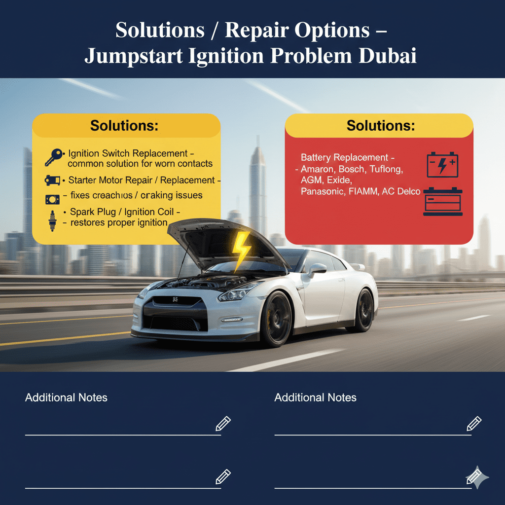 Solutions / Repair Options β Jumpstart Ignition Problem Dubai Animated-style user guide infographic showing a premium car with engine hood open in Dubai cityscape, title 'Solutions / Repair Options β Jumpstart Ignition Problem Dubai' at the top, with empty spaces on sides for bullet points listing key repair options including ignition switch replacement, starter motor repair, spark plug/coil replacement, and battery replacement for brands Amaron, Bosch, Tuflong, AGM, Exide, Panasonic, FIAMM, AC Delco.