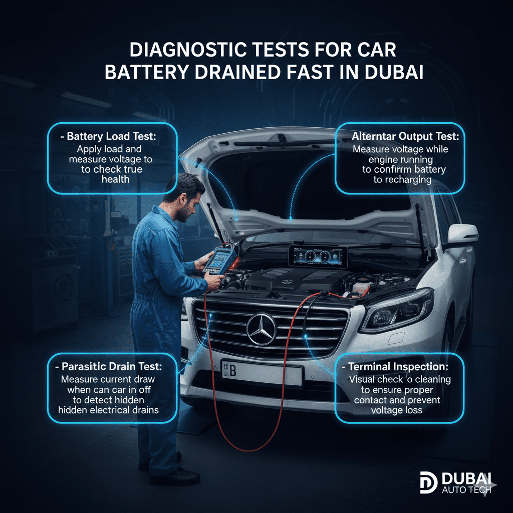 Infographic showing diagnostic tests for car batteries draining fast in Dubai, highlighting battery load, alternator output, parasitic drain, and terminal inspection