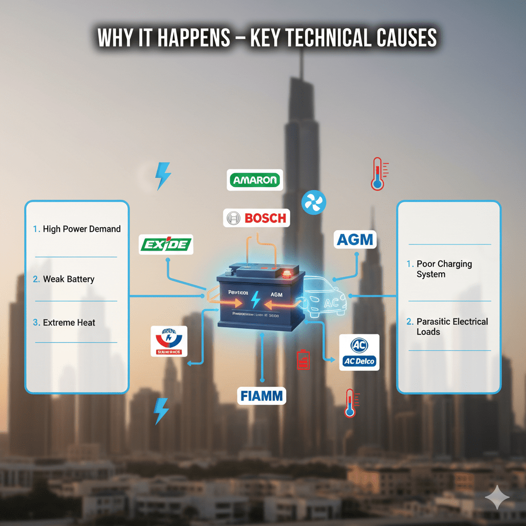 Feature image titled 'Why It Happens – Key Technical Causes' showing a 3D animated car battery connected to AC system, side panels left empty for key points, and animated top battery brands (Amaron, Bosch, Exide, AGM, Panasonic, FIAMM, AC Delco) on a blurred Dubai cityscape background.