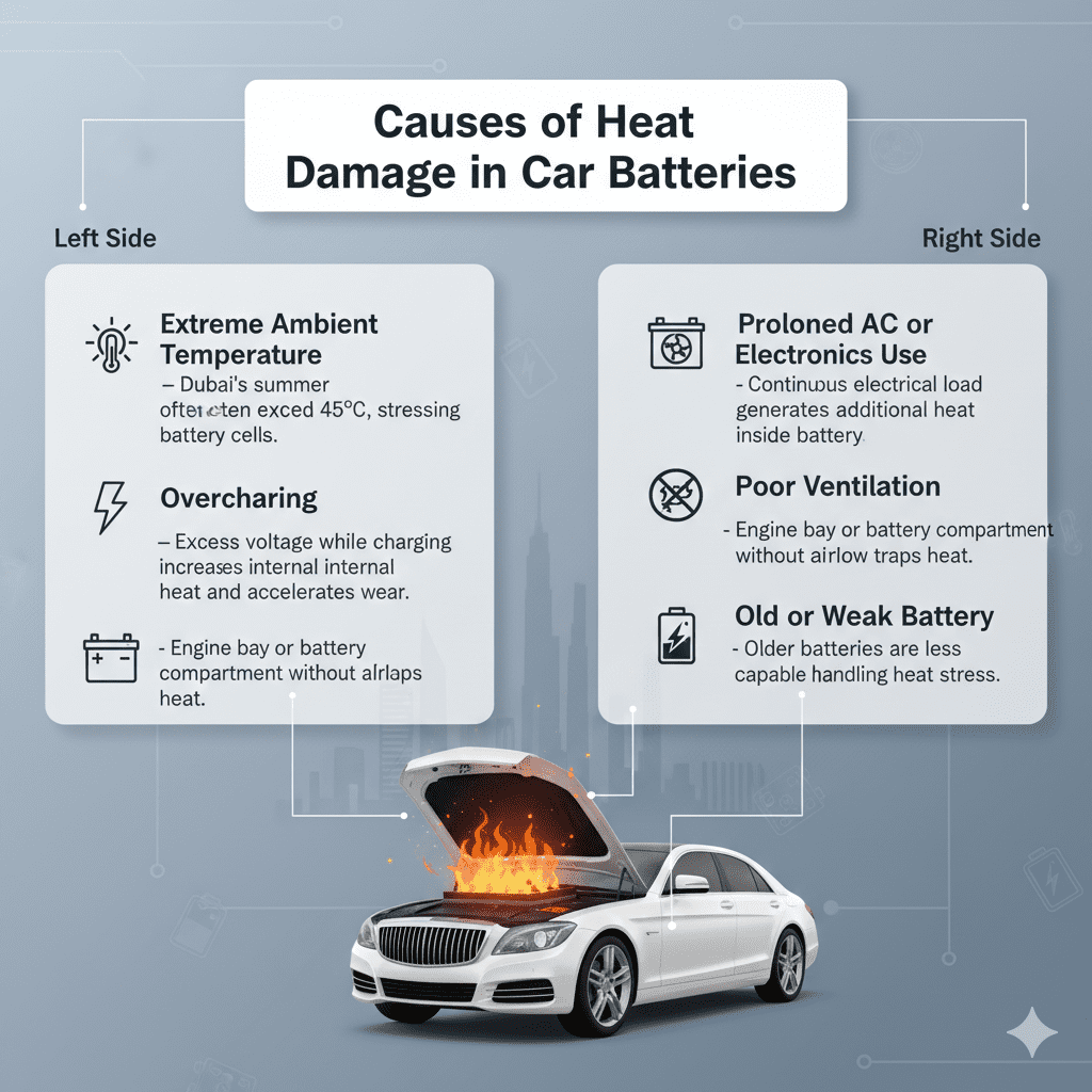 “User guide infographic showing main title ‘Causes of Heat Damage in Car Batteries’ at top, key points on left and right sides, and a premium vehicle image in the center with animated infographic style.”