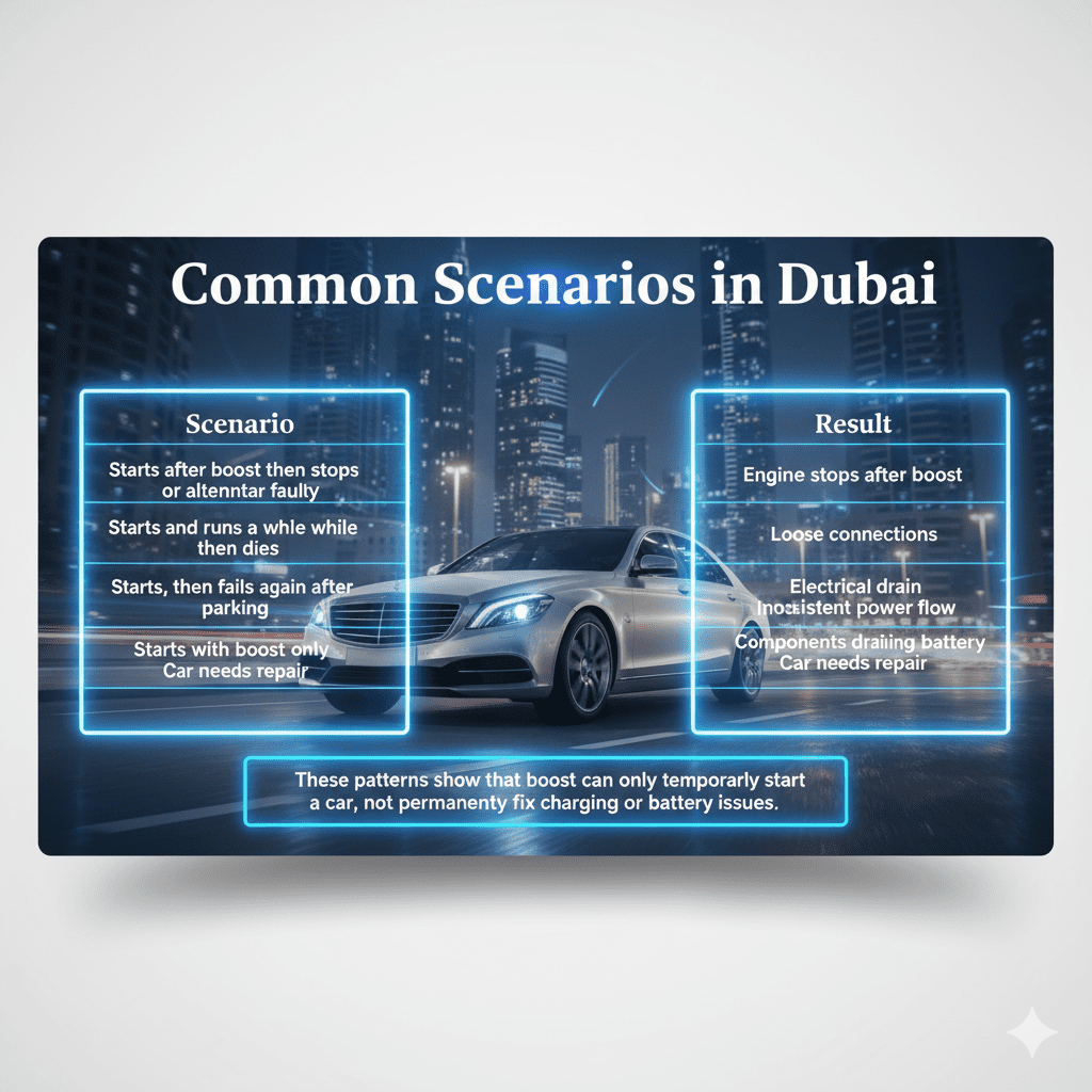 Feature image showing 'Common Scenarios in Dubai' with title at the top, a visually appealing table of scenarios, likely causes, and results along the sides, and a central cinematic premium car with animated-style highlights.
