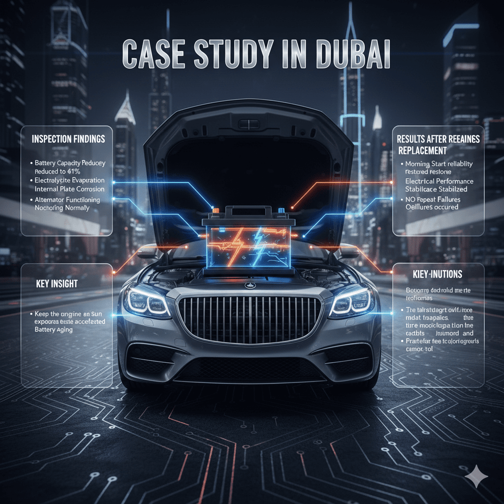 "Infographic showing a luxury sedan with a glowing battery at the center and side panels highlighting key findings from a Dubai case study on sun-exposed battery failure."