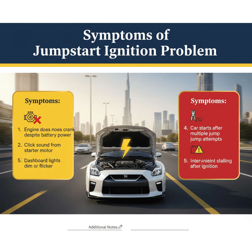 Symptoms of Jumpstart Ignition Problem Animated-style user guide infographic showing a premium car with engine hood open in Dubai cityscape, title 'Symptoms of Jumpstart Ignition Problem' at the top, with empty spaces on sides for bullet points listing key symptoms including engine does not crank, click sound from starter motor, dashboard lights flicker, car starts after multiple jump attempts, and intermittent stalling.