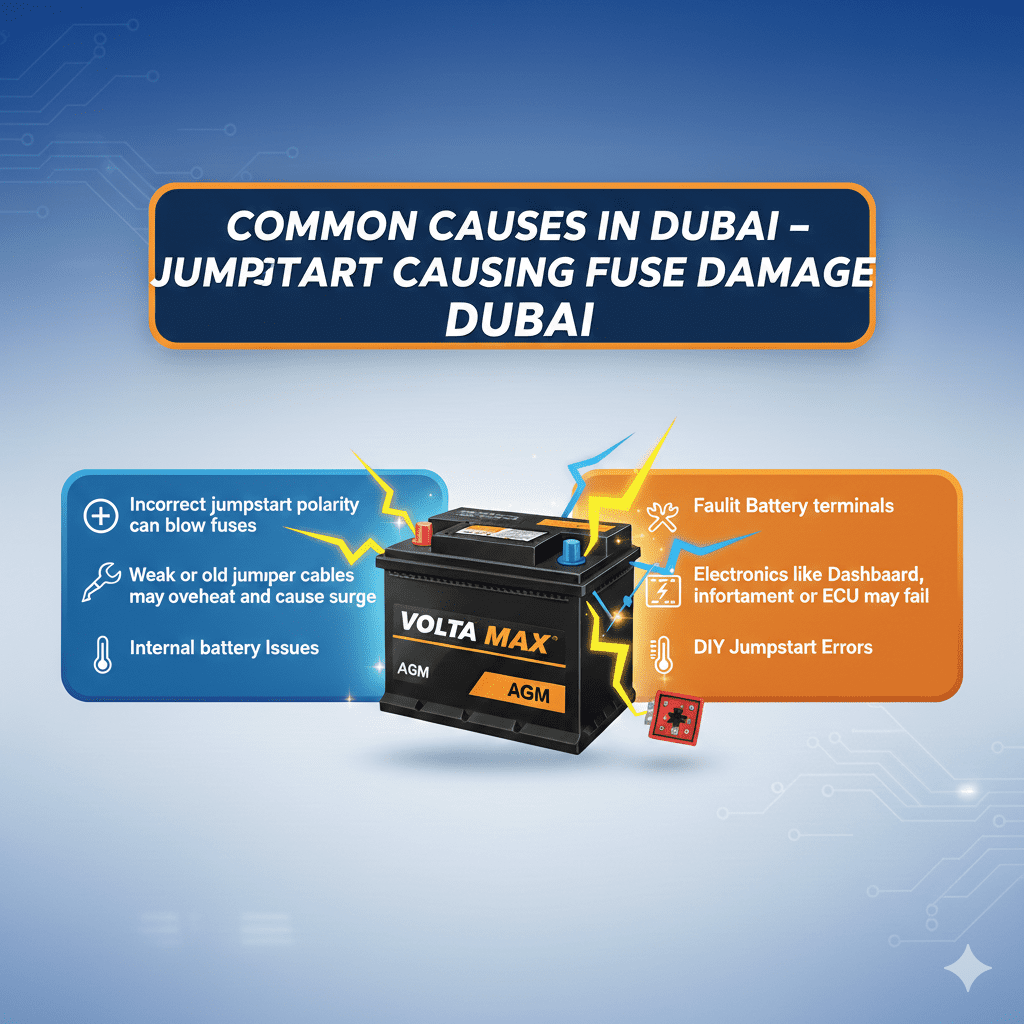 “Animated user guide infographic showing a central premium car battery with glowing sparks, dynamic title at top, and key points on sides including incorrect jumpstart polarity, weak jumper cables, internal battery issues, faulty terminals, and DIY jumpstart errors.”