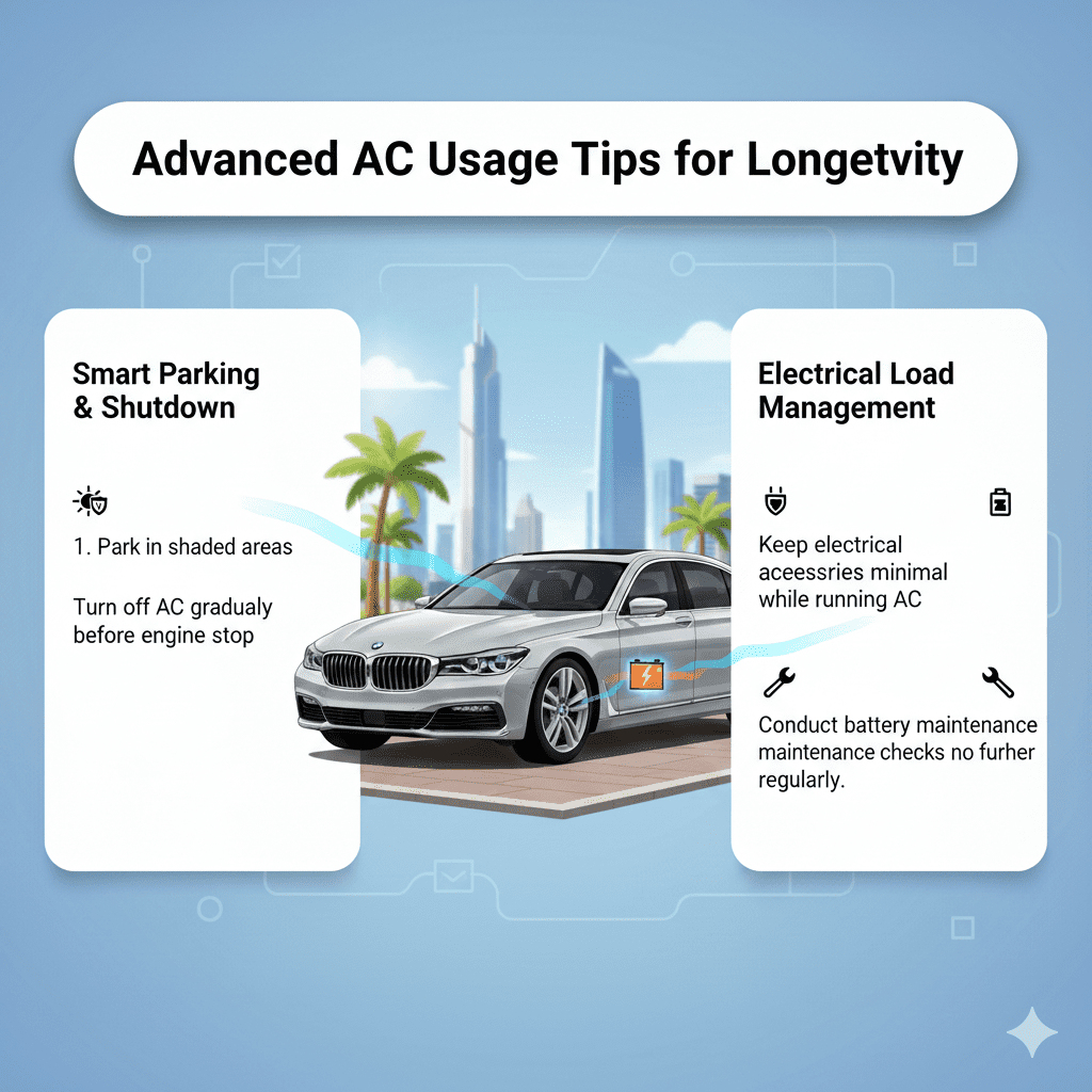 “Preventive Tips for Dubai Drivers – High-Quality User Guide Infographic” “User guide infographic showing preventive tips for Dubai drivers to avoid battery drain by AC, with title at top, bullet points on sides, and luxury vehicle image in the center.”