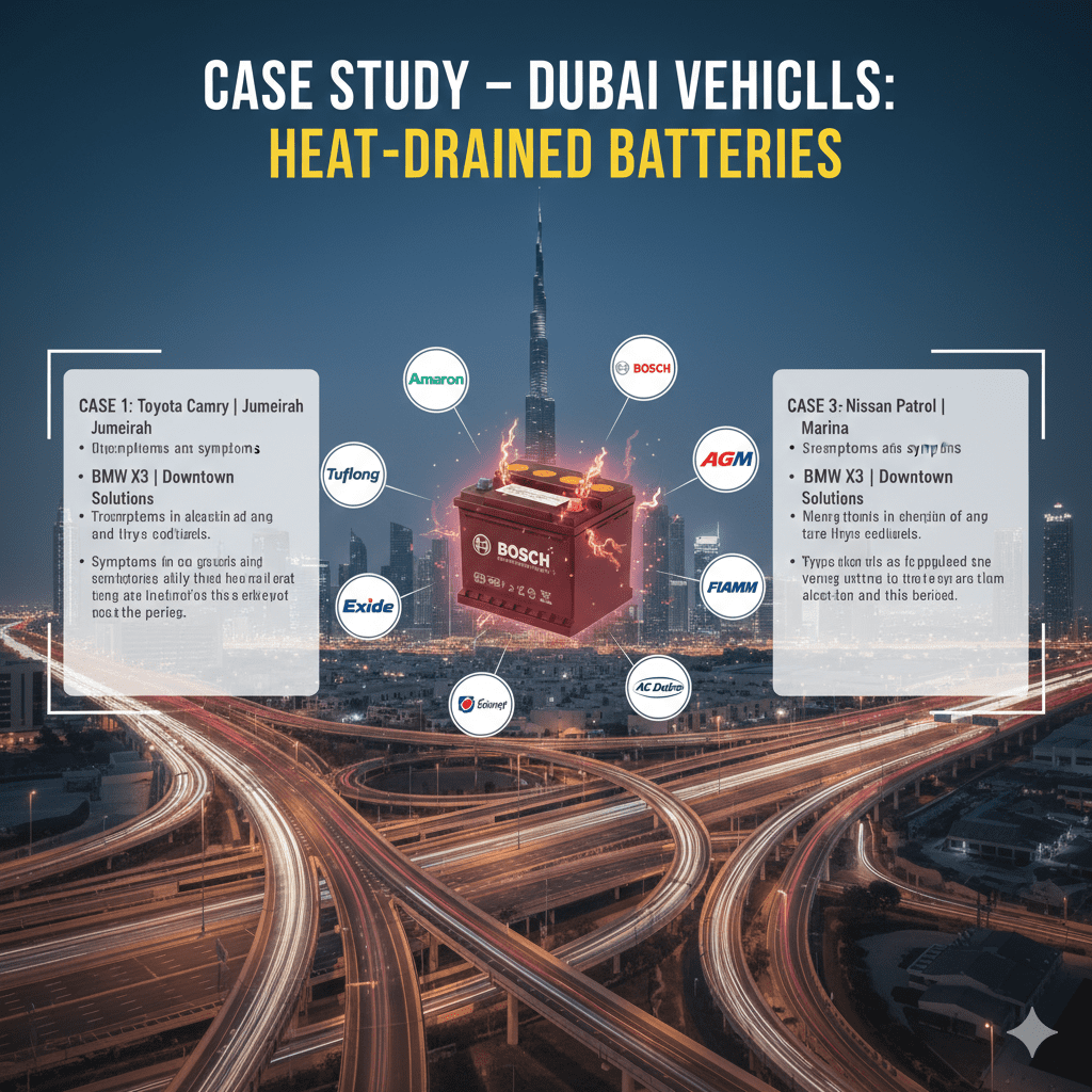 "Infographic showing case studies of Dubai vehicles affected by heat-drained car batteries, with animated car battery in the center and top title 'Case Study – Dubai Vehicles: Heat-Drained Batteries'. Key case study points displayed on sides."