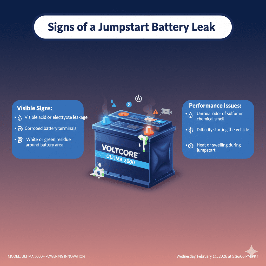 “Professional user guide illustration showing signs of a jumpstart battery leak, with title on top, key warning points on sides, and an animated branded battery in the center.”