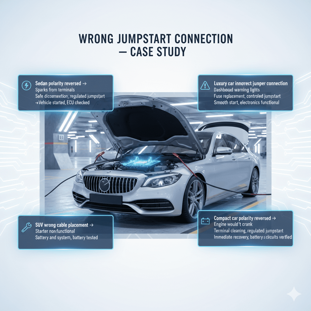 Infographic showing case studies of wrong jumpstart connections, illustrating vehicle conditions, technician actions, and results around a central luxury car illustration.