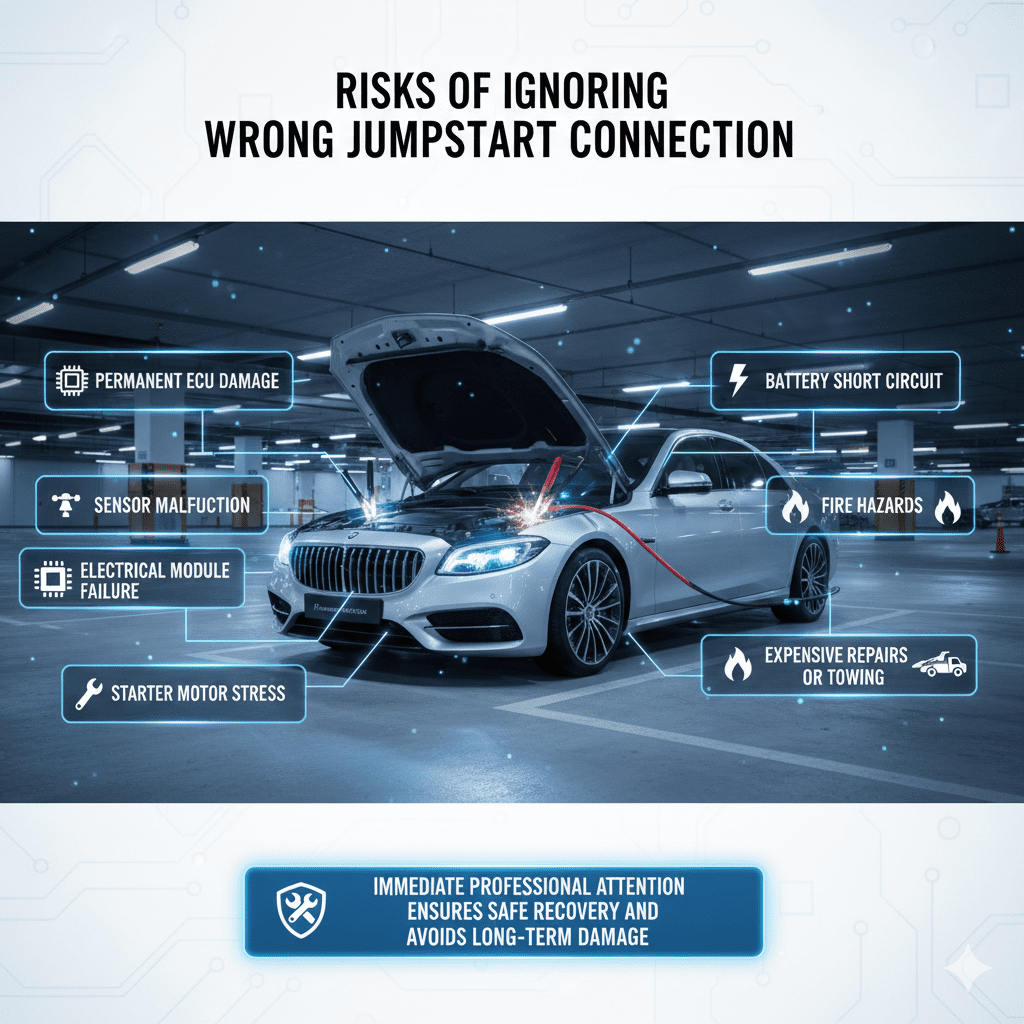 Infographic showing risks of ignoring a wrong jumpstart connection, including ECU damage, sensor faults, starter stress, short circuits, fire hazards, and expensive repairs, with central luxury vehicle and animated points.