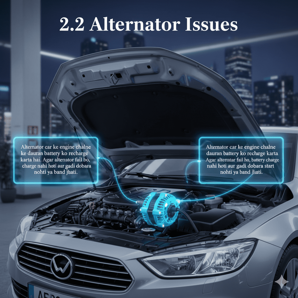 Feature image showing '2.2 Alternator Issues' with title at the top, explanation highlighted in glowing text boxes on the sides, and a central cinematic alternator connected to a premium car engine with animated-style highlights.