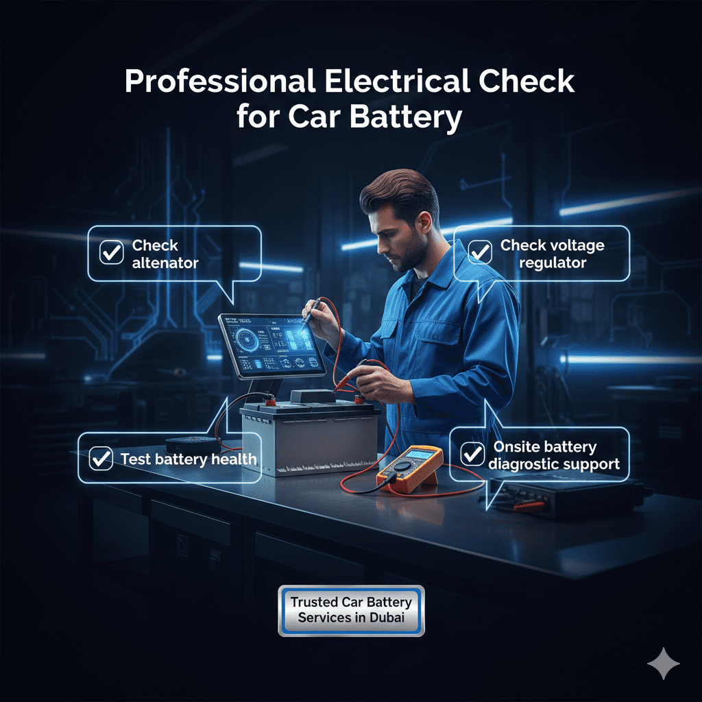 Professional car battery electrical diagnostic infographic showing alternator and voltage testing in Dubai