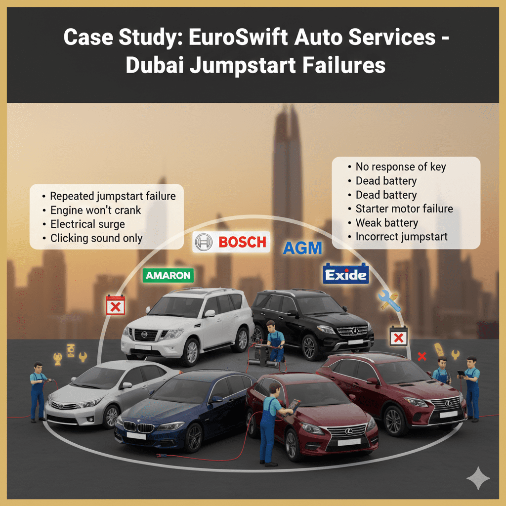 "Animated-style user guide image illustrating EuroSwift Auto Services case study on Dubai jumpstart failures, showing Toyota Corolla, BMW 5 Series, Nissan Patrol, Mercedes GLE, Lexus RX with technicians performing jumpstart and battery replacement. Key points from case study appear on sides: Repeated jumpstart failure, Engine won’t crank, Electrical surge, Clicking sound only, No response to key, Dead battery, Starter motor failure, Weak battery, Incorrect jumpstart. Logos of Amaron, Bosch, AGM, Exide, FIAMM around cars, Dubai skyline in background."