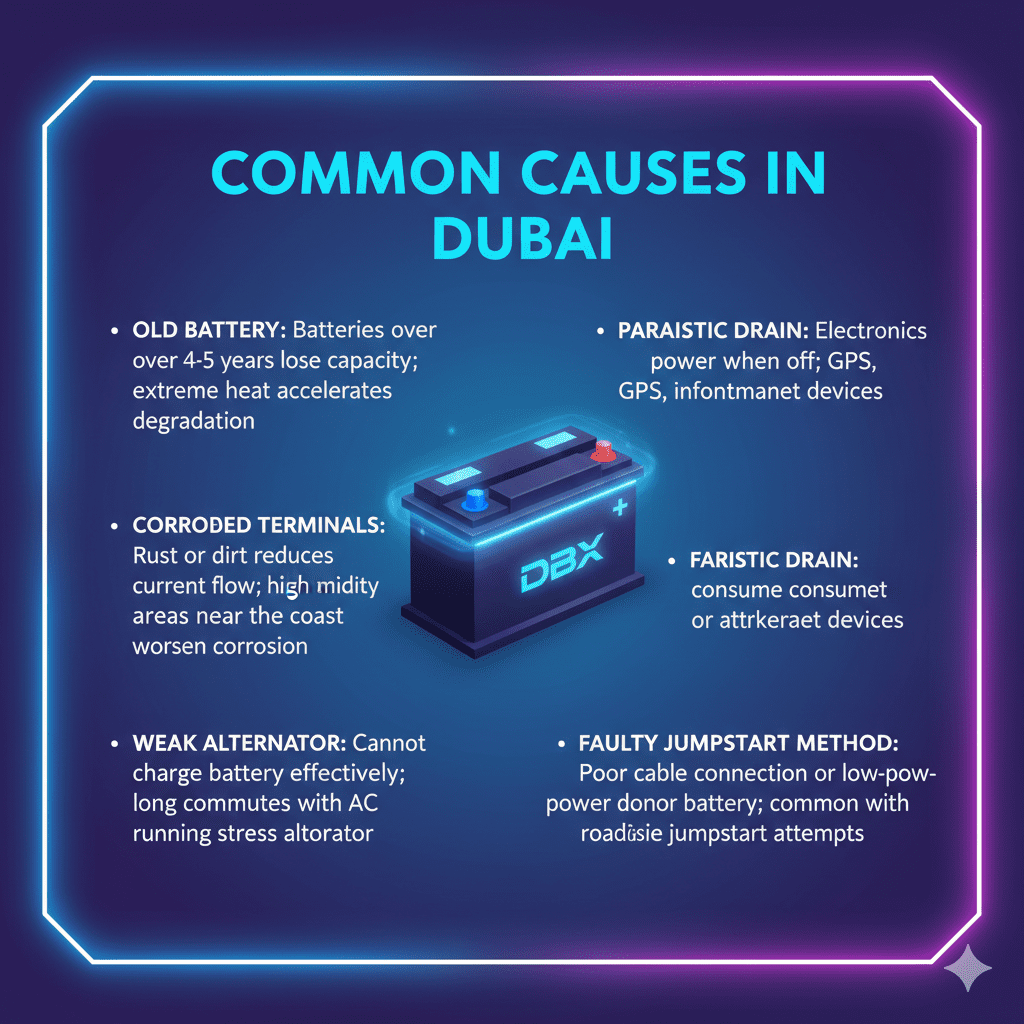 Animated-style user guide image showing the title "Common Causes in Dubai" at the top, a central animated car battery illustration, and key points displayed neatly on both sides.