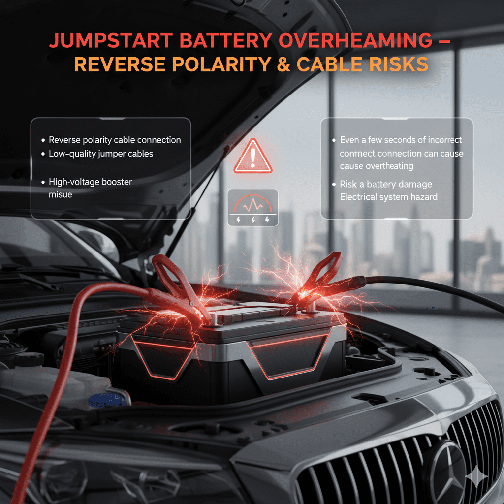 Infographic showing jumpstart battery overheating caused by reverse polarity, low-quality jumper cables, and high-voltage booster misuse with warning icons and battery heat indicators.