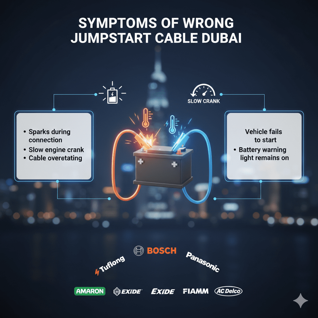Feature image titled 'Symptoms of Wrong Jumpstart Cable Dubai' showing a 3D animated car battery with jumpstart cables producing sparks and overheating, empty side panels for points (Sparks during connection, Slow engine crank, Cable overheating, Vehicle fails to start, Battery warning light), and animated battery brand logos (Amaron, Bosch, Tuflong, AGM, Exide, Panasonic, FIAMM, AC Delco) on a blurred Dubai cityscape background.
