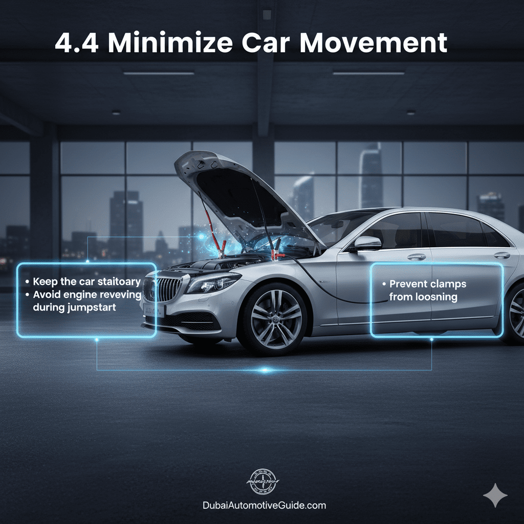 Feature image showing '4.4 Minimize Car Movement' with title at the top, key instructions highlighted in glowing side text boxes, and a central cinematic premium car with jumper cables attached and stationary wheels, animated-style highlights.