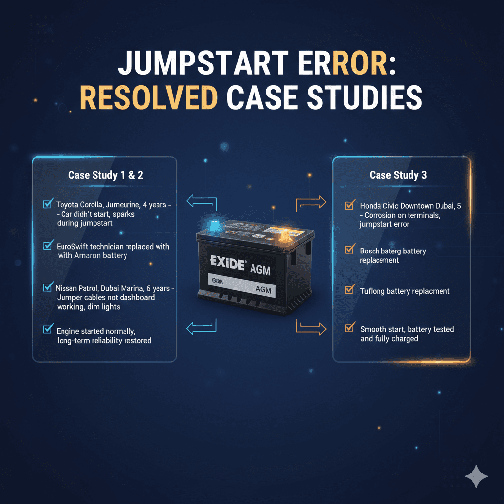 “Animated user guide image showing a top title, central car battery image, and bullet-pointed case study highlights of jumpstart failures in Dubai on both sides.”