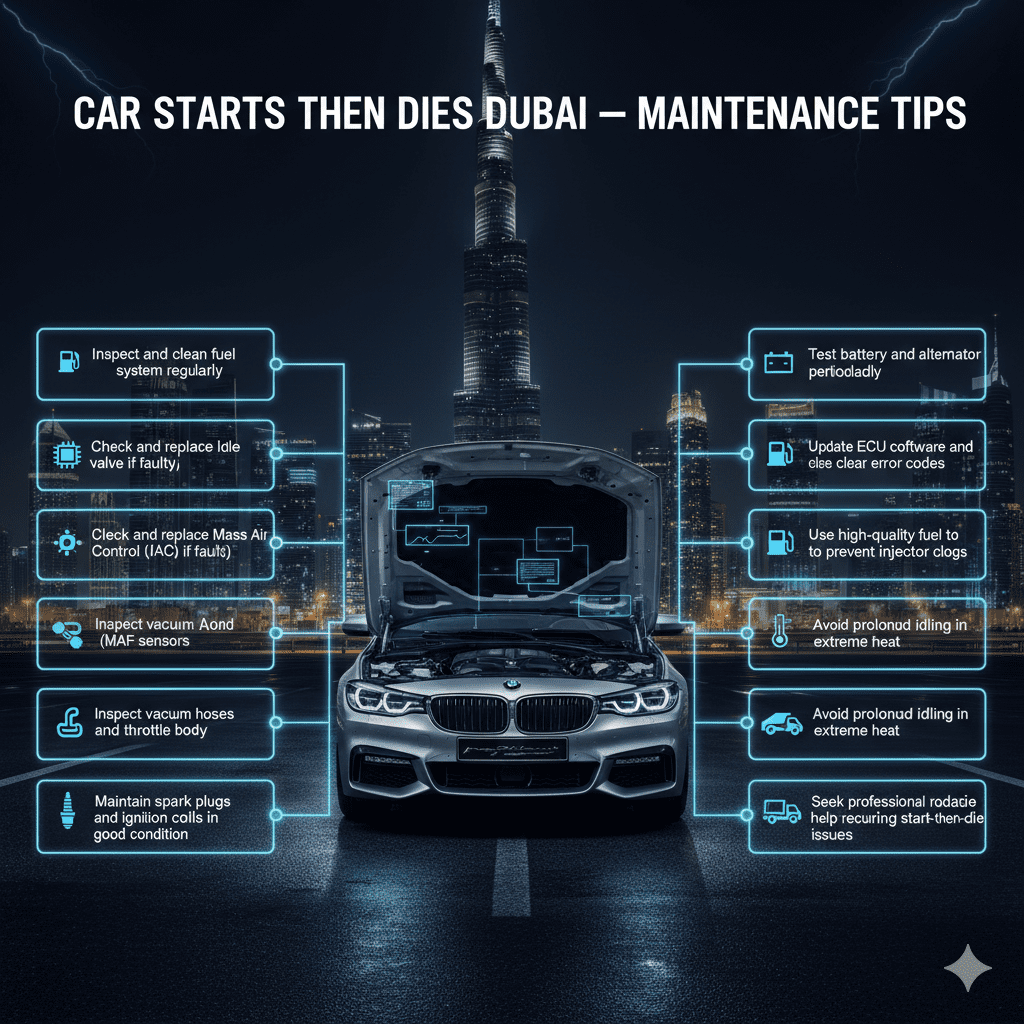 "Infographic showing maintenance tips for 'Car Starts Then Dies Dubai' with luxury car in center and bullet points on sides for fuel system, IAC valve, MAF sensors, battery, ECU, and ignition maintenance."