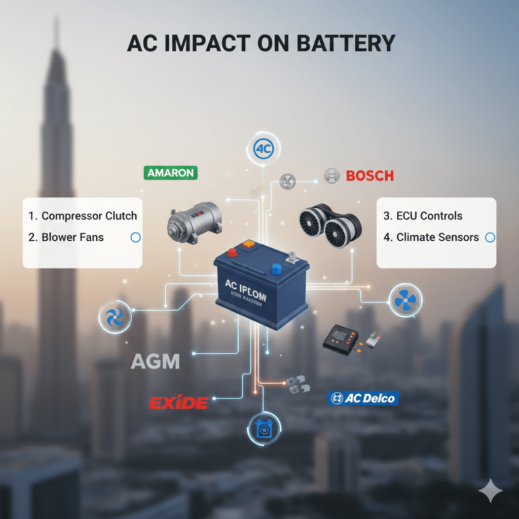 Feature image titled 'AC Impact on Battery' showing a 3D animated car battery connected to AC components (compressor clutch, blower fans, ECU, climate sensors), side panels empty for points, and animated battery brand logos (Amaron, Bosch, Tuflong, AGM, Exide, Panasonic, FIAMM, AC Delco) on a blurred Dubai skyline background.