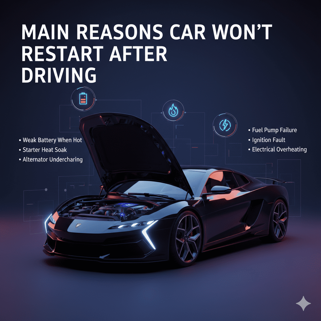 Car restart failure reasons infographic showing battery heat damage and starter problems