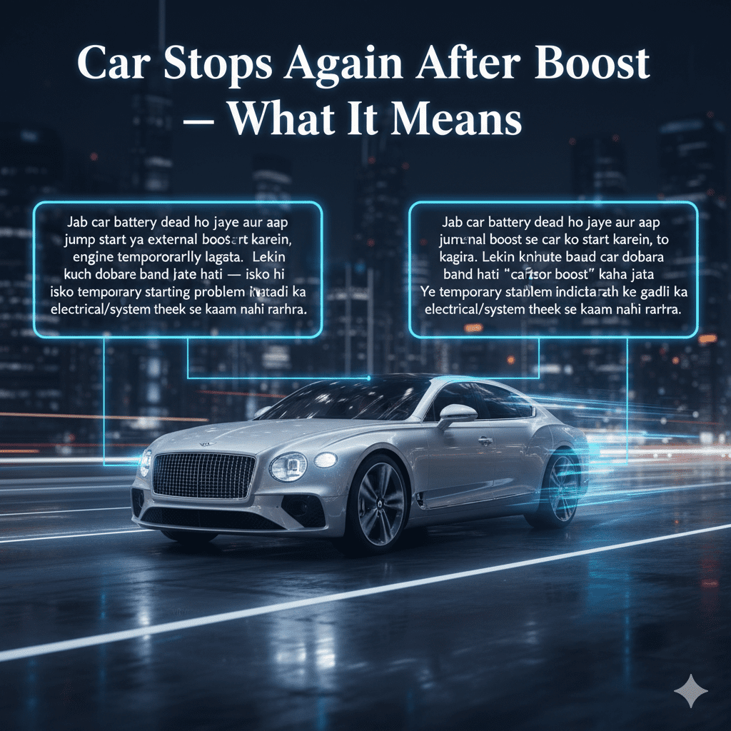 Feature image showing the topic 'Car Stops Again After Boost — What It Means' with title at the top, key point highlighted in glowing text boxes on the sides, and a central cinematic premium car with animated-style highlights.