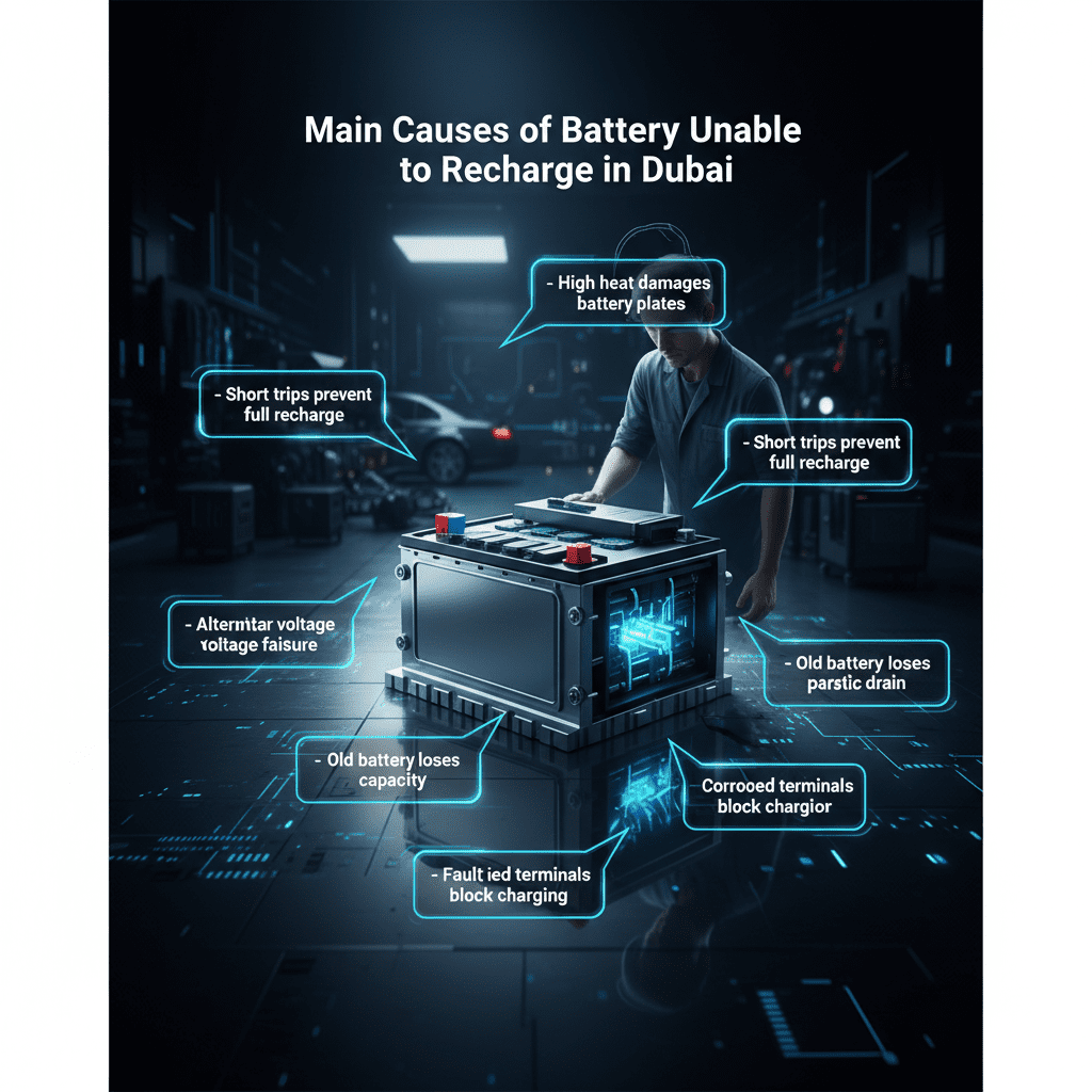 Infographic image showing main causes of car battery unable to recharge in Dubai with highlighted automotive battery issues